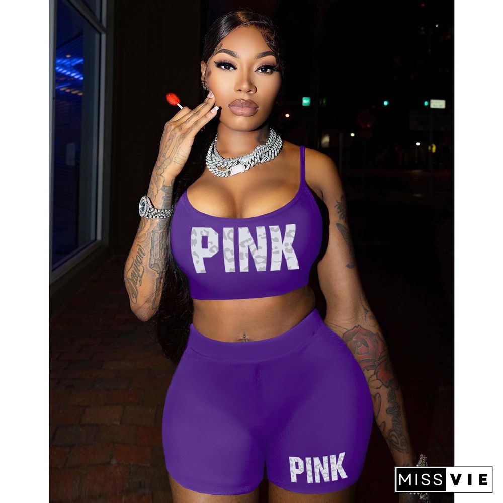 PINK Print Straps Tanks with Shorts 2 Pieces Suits