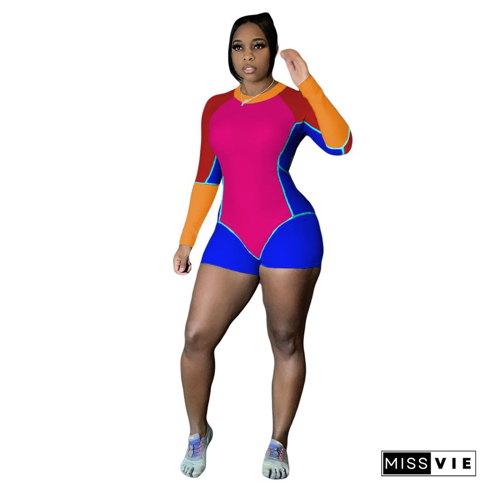 Autumn Color Block Patchwork O-Neck Long Sleeve Stretch Bodycon Sportswear Fitness Rompers