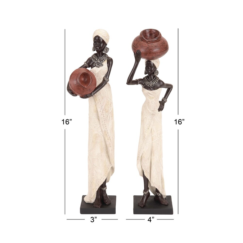 Cream Polystone Standing African Woman Sculpture with Red Water Pots and Black Base (Set of 2)   2 ASST 16\