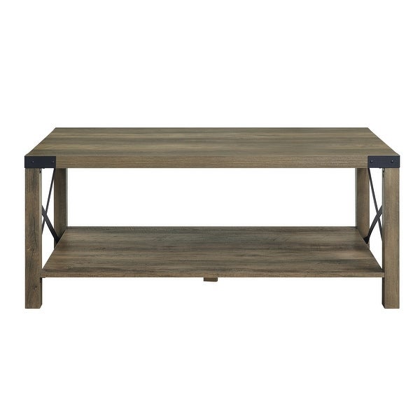 Rustic Oak Finish Coffee Table， Wood Sofa Table with Open Compartment for Living Room， Oak