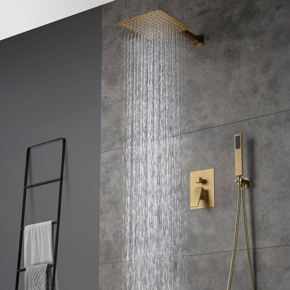 CASAINC 1-Spray Patterns with 10 in. Wall Mount Dual Shower Heads with Hand Shower Faucet in Brushed Gold (Valve Included) M6066-A-10-BG