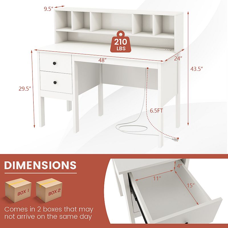 48 Inch Computer Desk With Drawers Power Outlets And 5-cubby Hutch