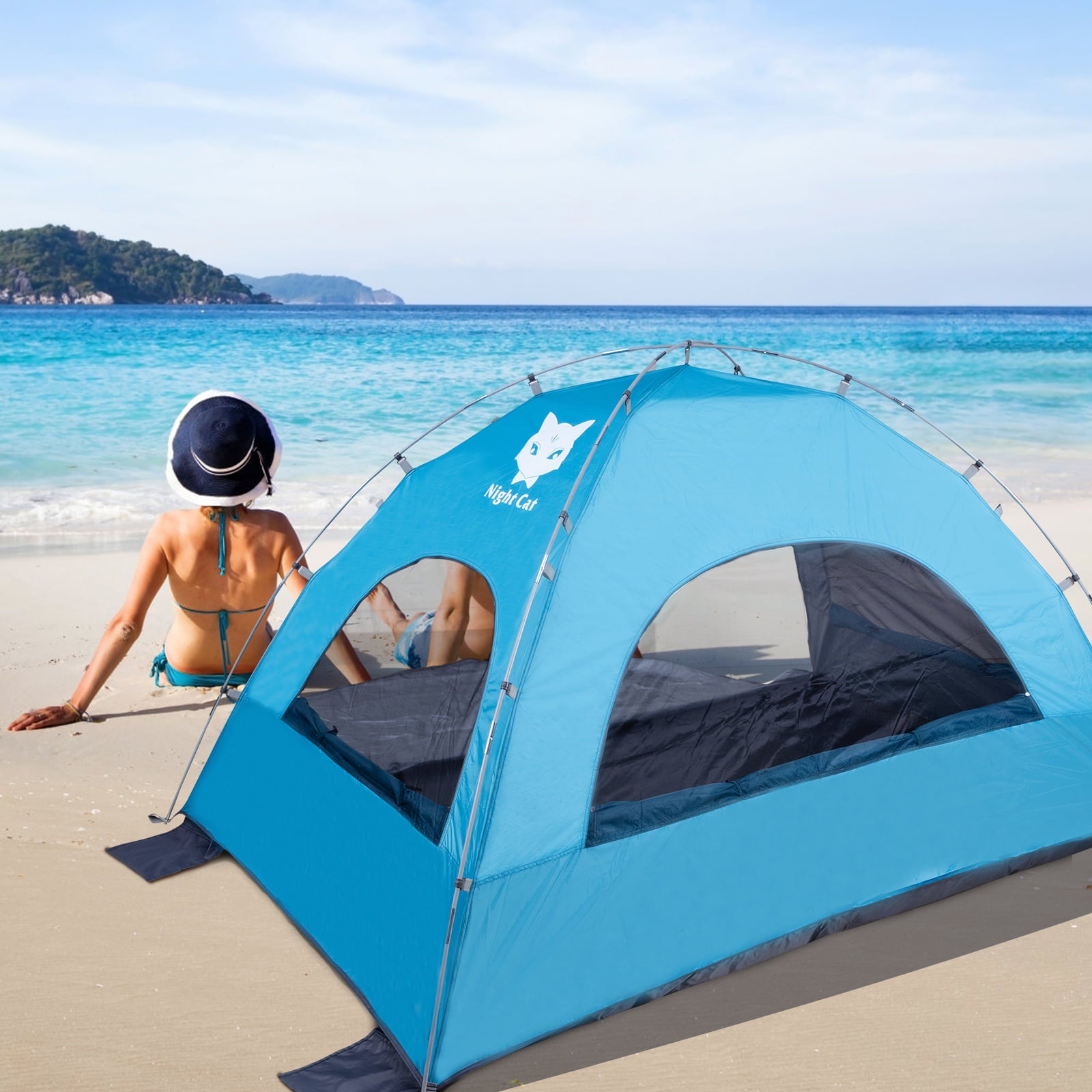 Night Cat Beach Tent Portable Camping Sun Shade Shelter for 2-3 Persons with UV Protection 3 Breathable Mesh Windows Extended Tent Floor Easy Set Up Outdoor Blue