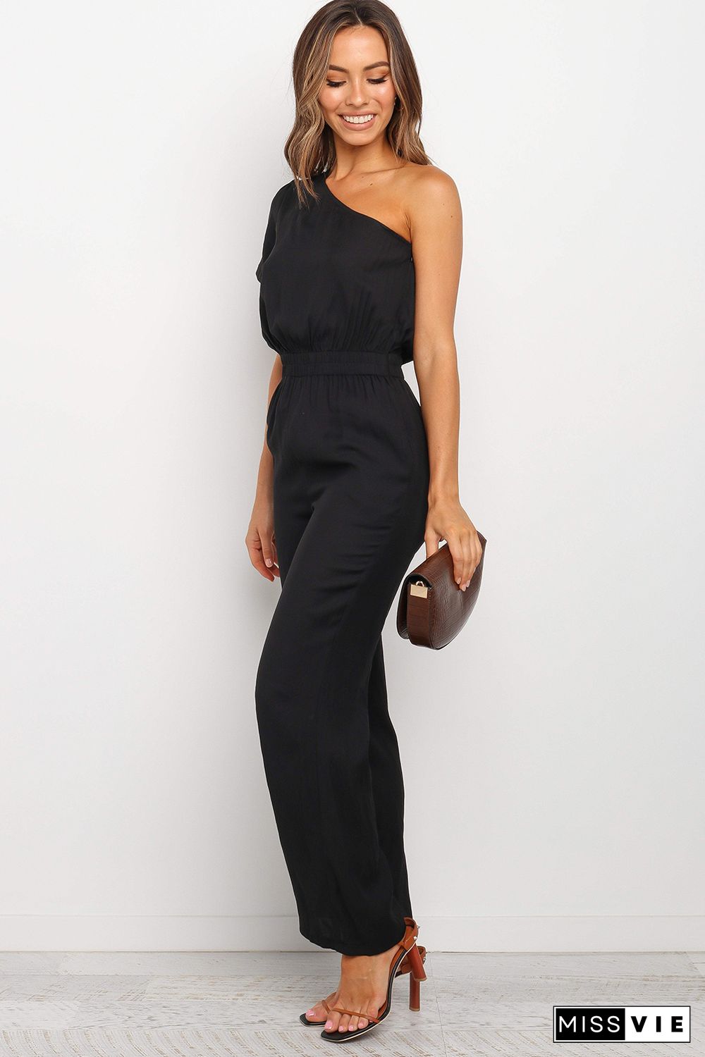 Black One Shoulder Puff Sleeve Elastic High Waist Jumpsuit