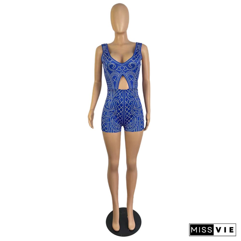 Casual Blue Printed V-Neck Sexy Backless Hip Raise Jumpsuit