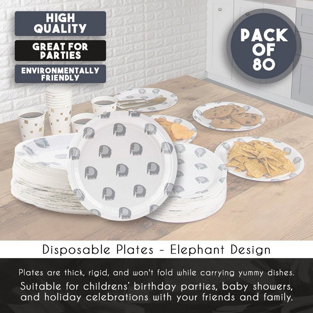 80 Count Disposable Paper Plates  Elephant Party Supplies  9 Inch