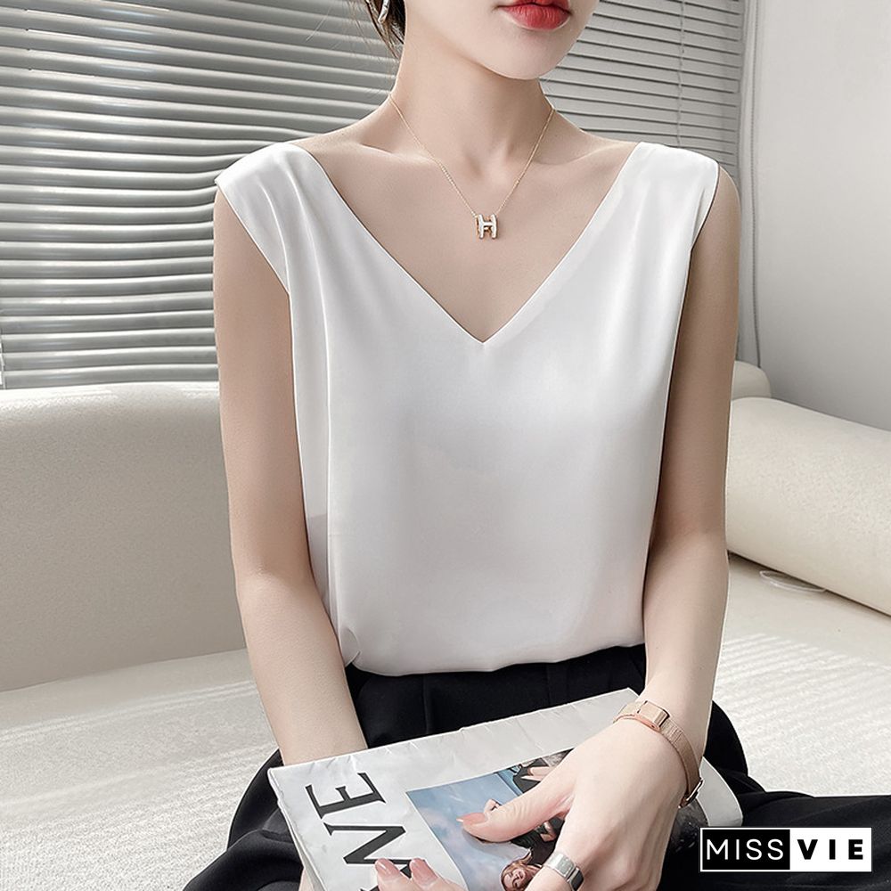 Summer V Neck Suspender Vest Female Ice Satin Silk Camisole Women Outer Wear Sleeveless Top With Small Suit Inner Base Shirt