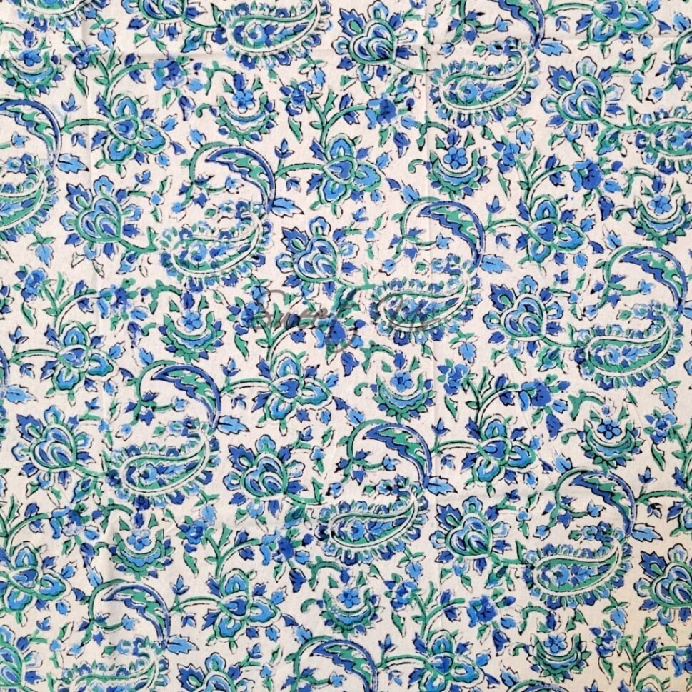 Block Print Tablecloth Round  Floral Paisley Love White   Paisley Love  Blue Green