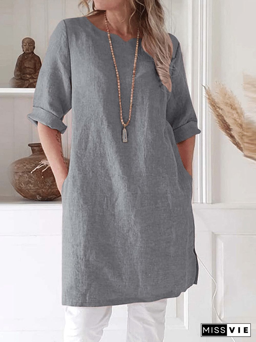 Women's Solid Cotton Linen Round Neck Seven Sleeve A-line Skirt