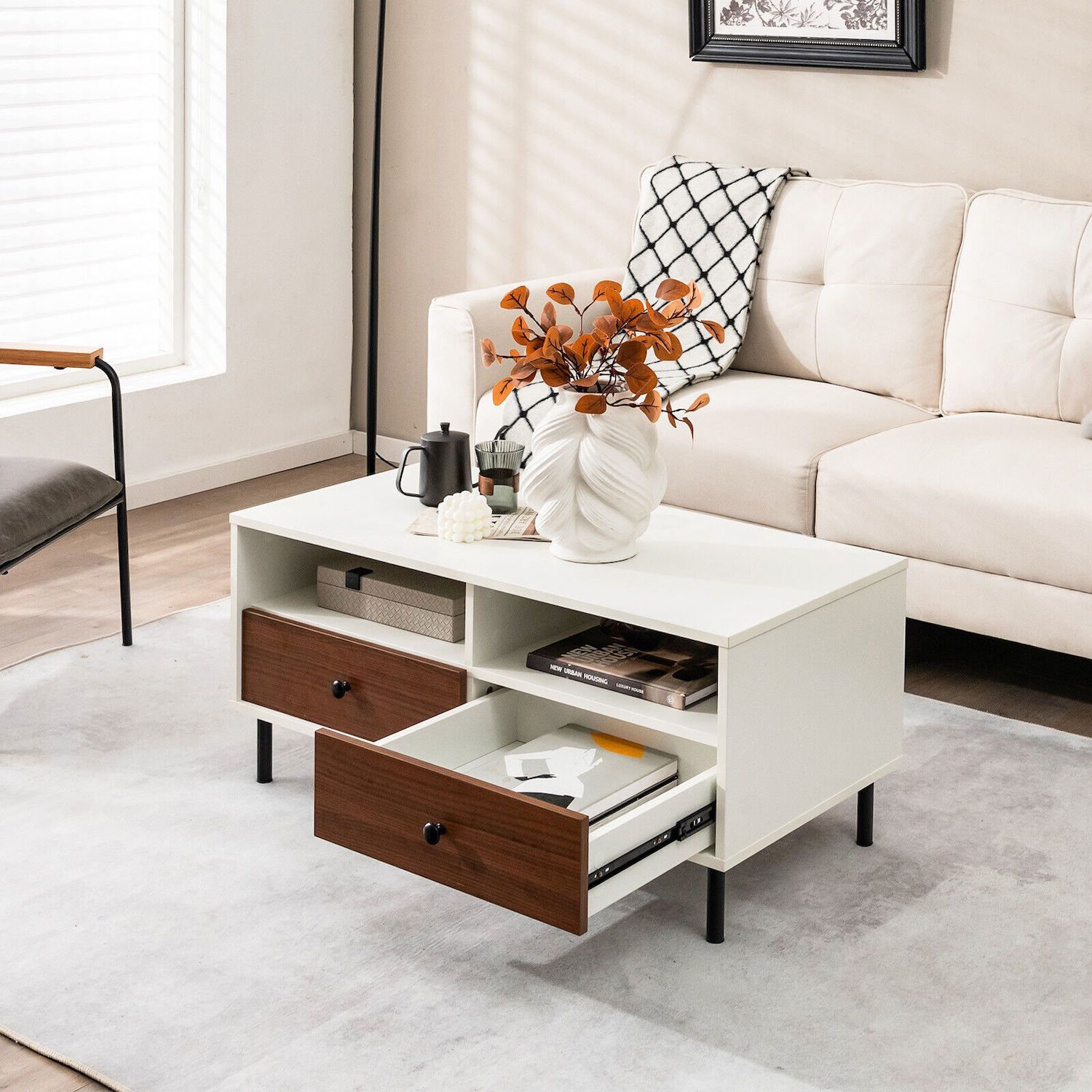 2 Tier 40 Inch Length Modern Rectangle Coffee Table with Storage Shelf and Drawers-White