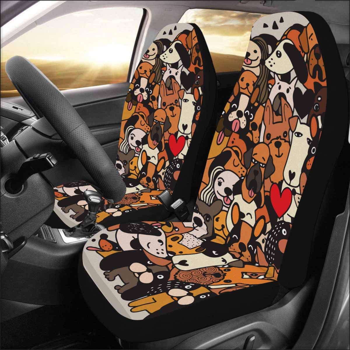 FMSHPON Set of 2 Car Seat Covers Doodle Cute Funny Cartoon Dogs Puppy Pet Characters Different Universal Auto Front Seats Protector Fits for Car，SUV Sedan，Truck