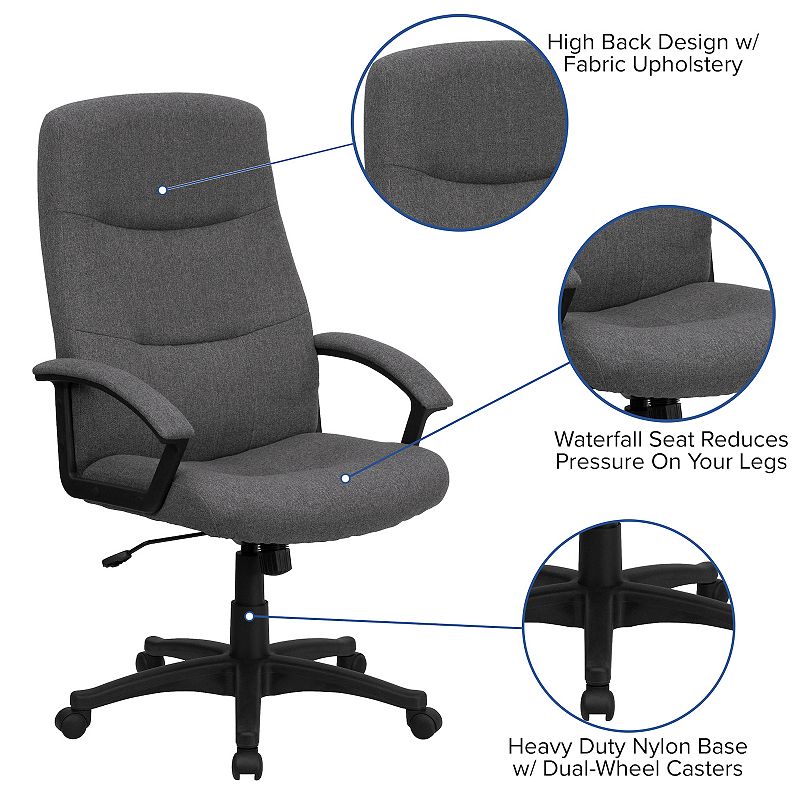 Emma and Oliver High Back Gray Fabric Swivel Office Chair with Two Line Stitch Back