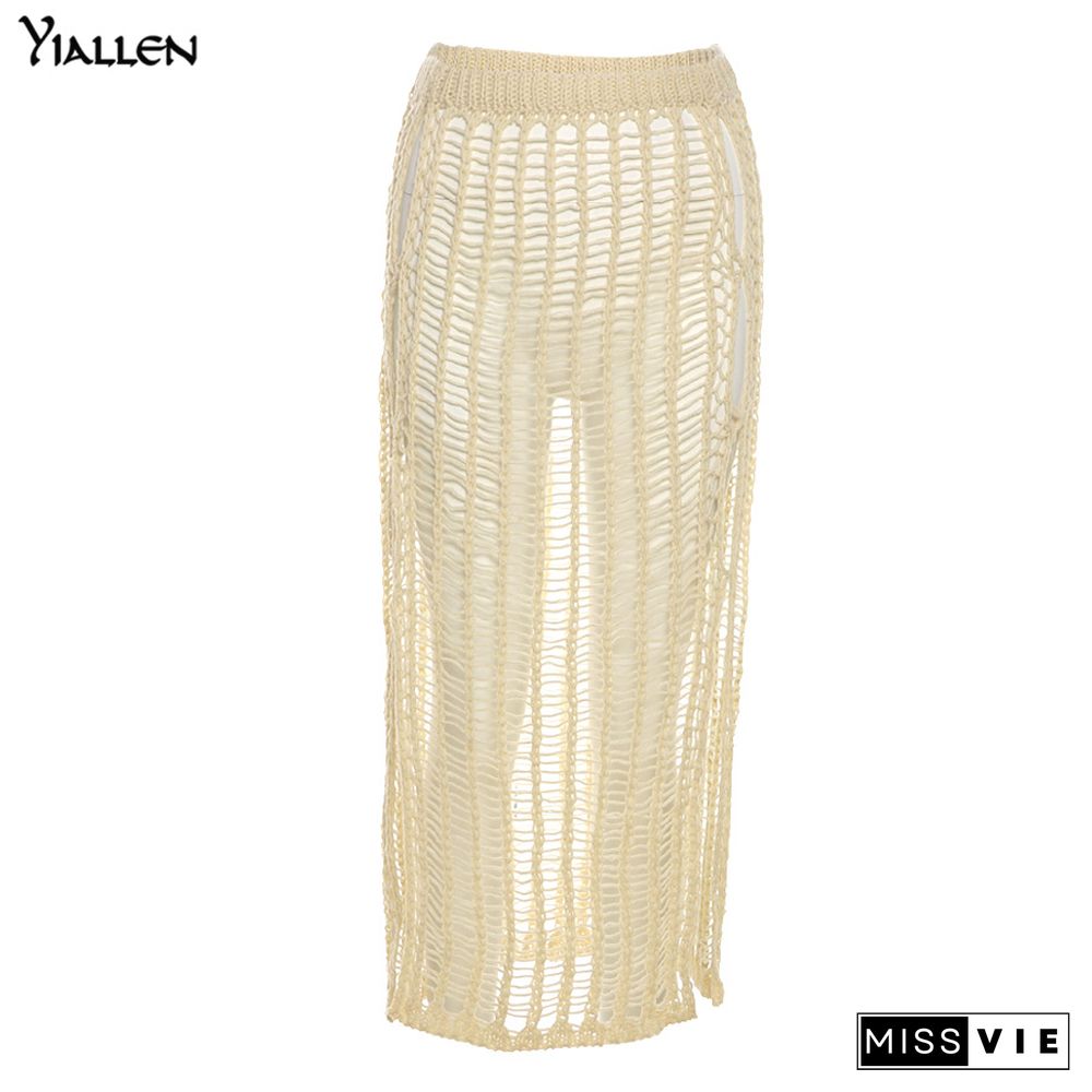 Yiallen Summer Yellow OpenworkWeaving Long Skirt New Women Sexy Chic Maxi Skirt Casual Streetwear Club Party Y2k Outfits