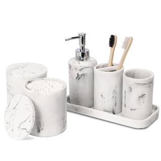 Dracelo 6-Piece Bathroom Accessory Set with Soap Dispenser Tray 2 Jars Bathroom Tumbler Toothbrush Holder in. White Marble B09M7Y293V