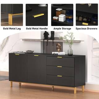 FUFUGAGA 62.9 in. W Black Paint Sideboard Kitchen Buffet Cupboard with Drawers and Shelves Metal Legs KF200156-01-cc