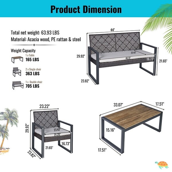 4Piece Acacia Wood Table Top Patio Furniture Conversation Set for Balcony Porch Garden Backyard Lawn