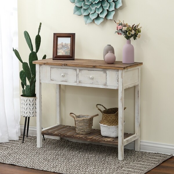 Distressed White and Brown Wood 2-drawer Console Table - 31.5