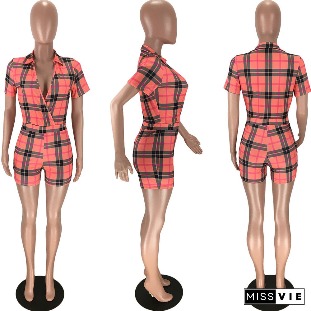 Sexy Check Print V-Neck Short Sleeve Mid-Waist Romper