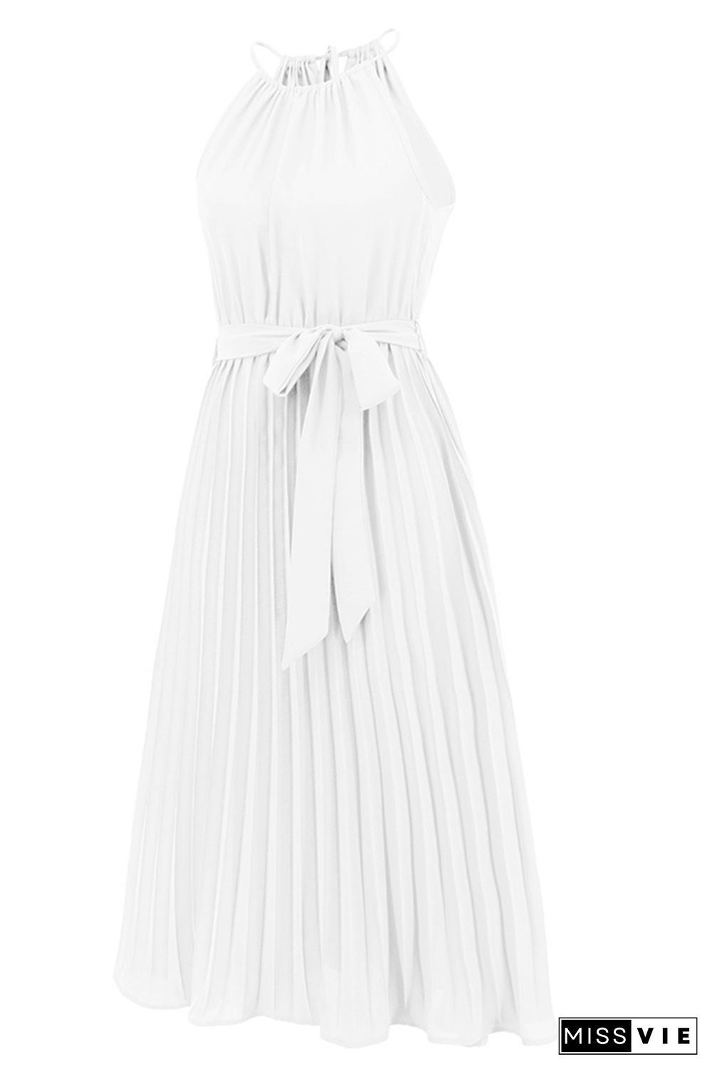 Plain Halter Sleeveless Pleated Midi Dress