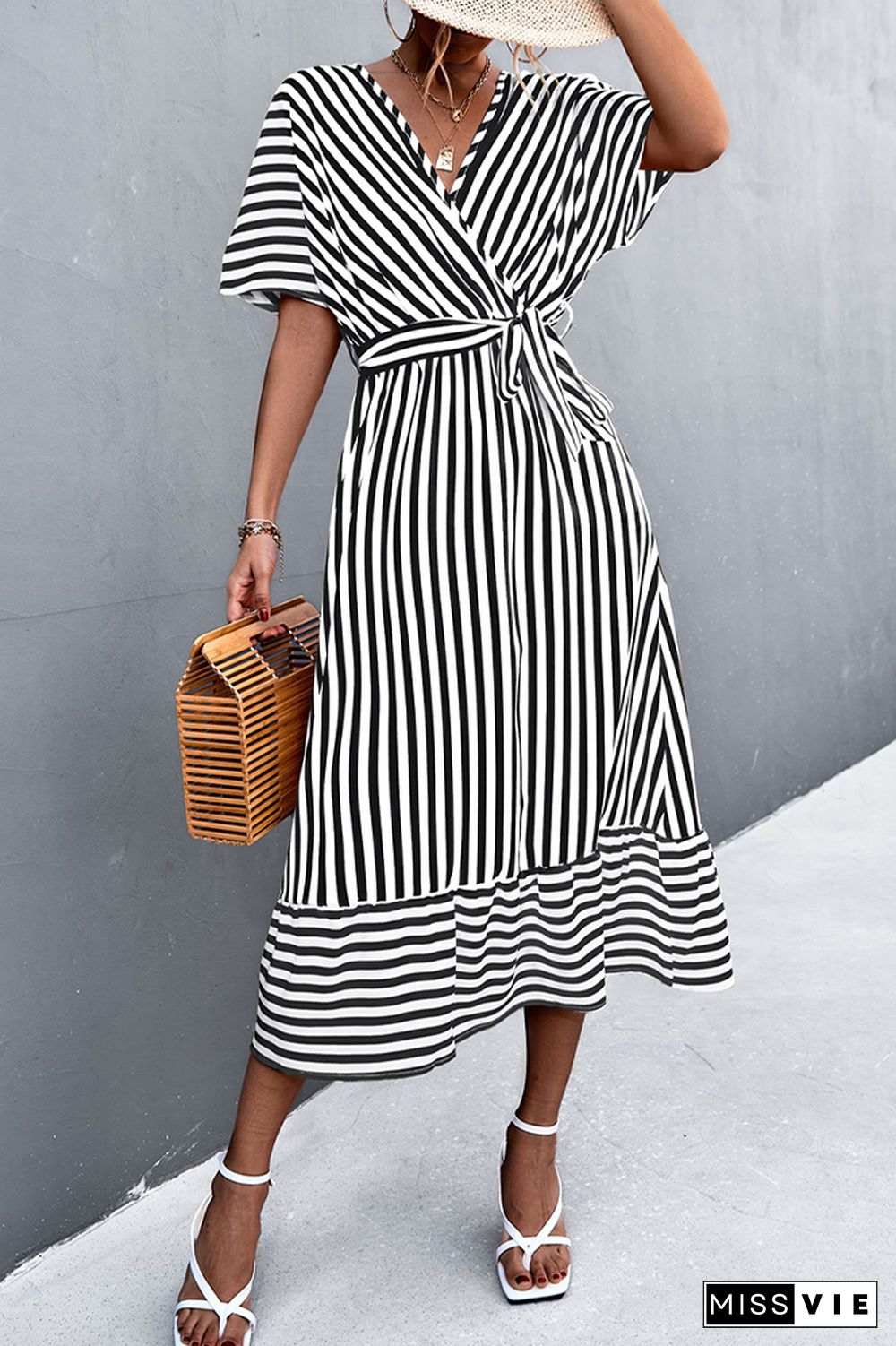 Stripe Print V-neck Short Sleeve Tie Waist Long Dress Wholesale