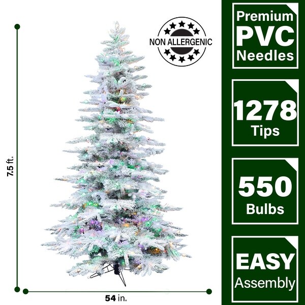 Fraser Hill Farm White Plastic 7.5' Flocked Pine Tree，Multi LED