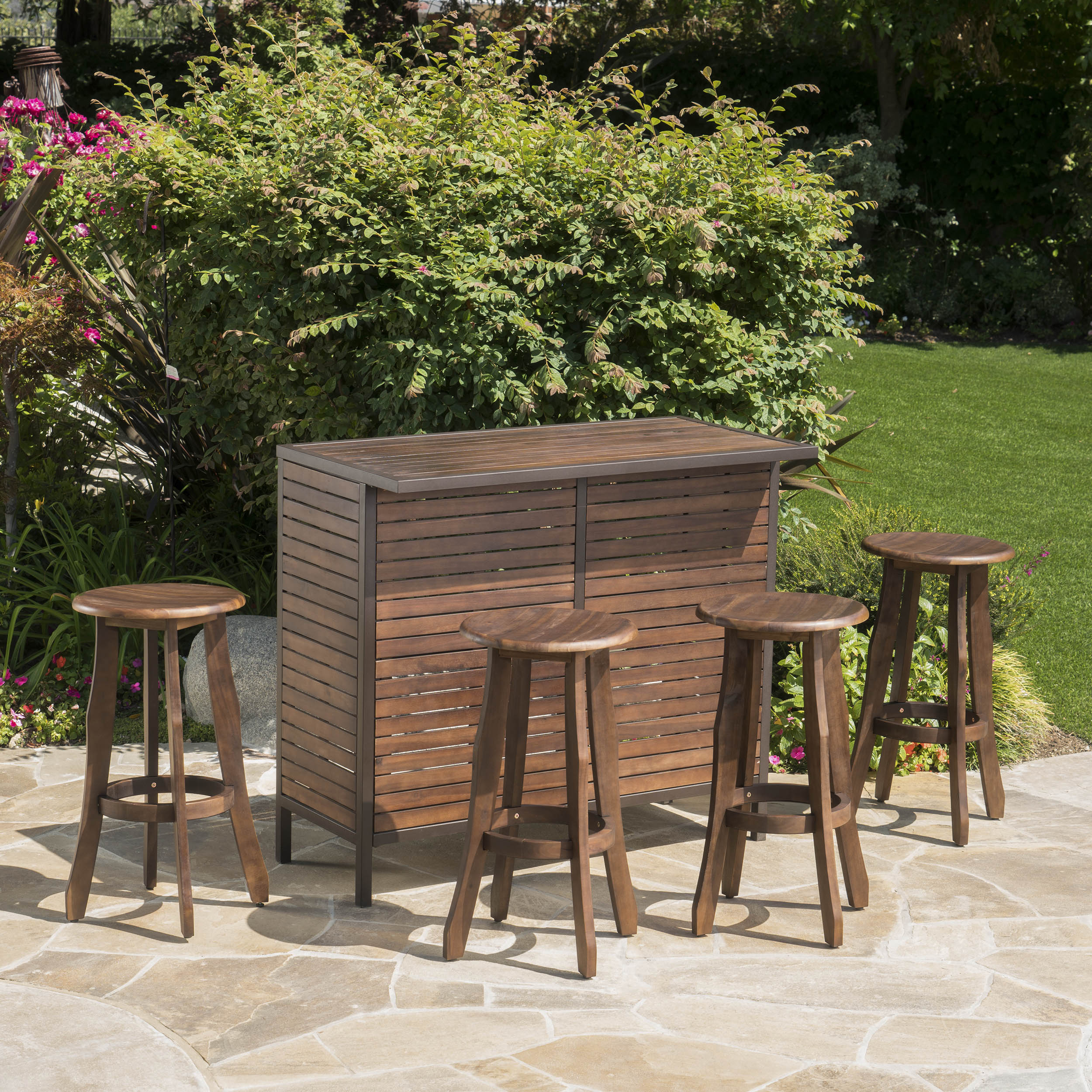 Pierre Outdoor 5 Piece Dark Brown Finished Acacia Wood Bar Set