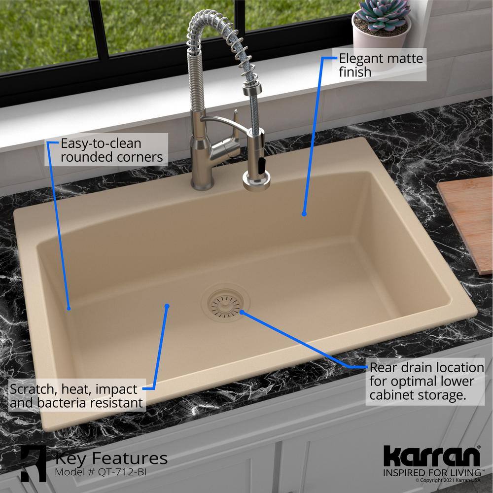 Karran QT-712 QuartzGranite 33 in. Single Bowl Top Mount Drop-In Kitchen Sink in Bisque with Bottom Grid and Strainer QT-712-BI-PK1