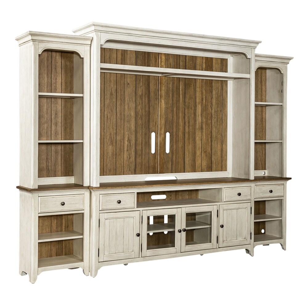 Farmhouse Reimagined Antique White with Chestnut Entertainment Center with Piers