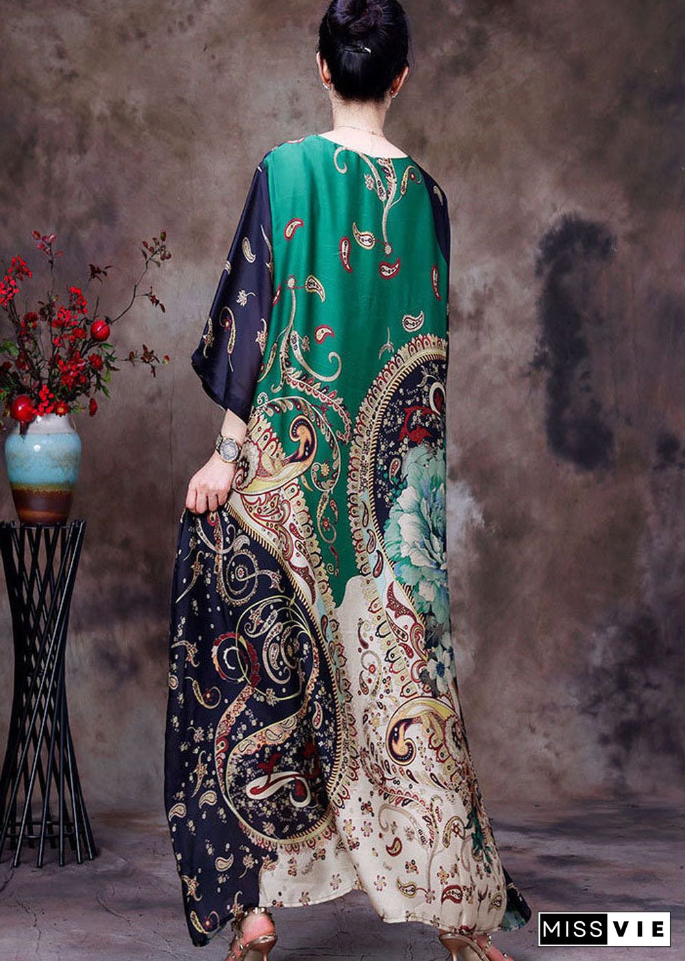 Green Print Silk Long Dresses Asymmetrical Deaign Half Sleeve