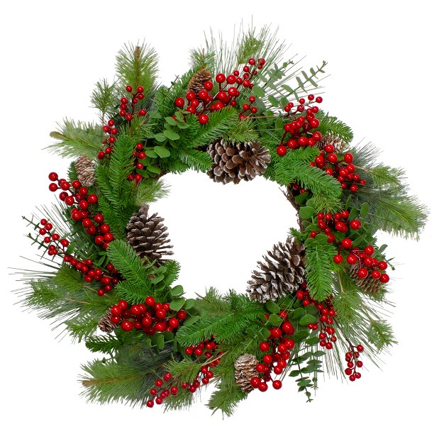 Northlight Holly Berries And Snowy Pinecones Artificial Christmas Wreath 24 inch Unlit