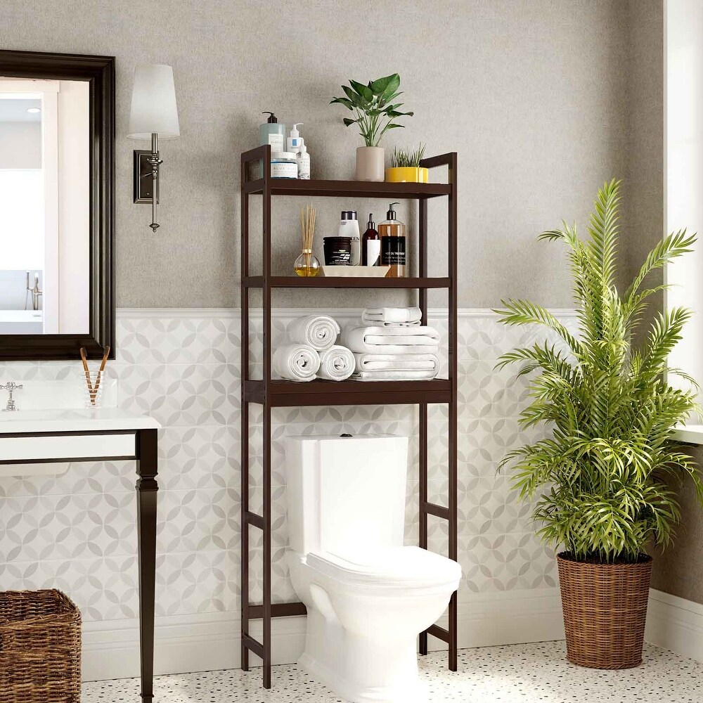 Over The Toilet Storage  3 Tier Bathroom Organizer with Adjustable Shelves  Space Saver Toilet Rack  Bamboo  Brown