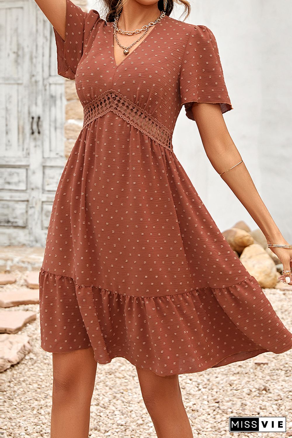 V Neck Swiss Dot Texture Lace Splicing High Waist Dress