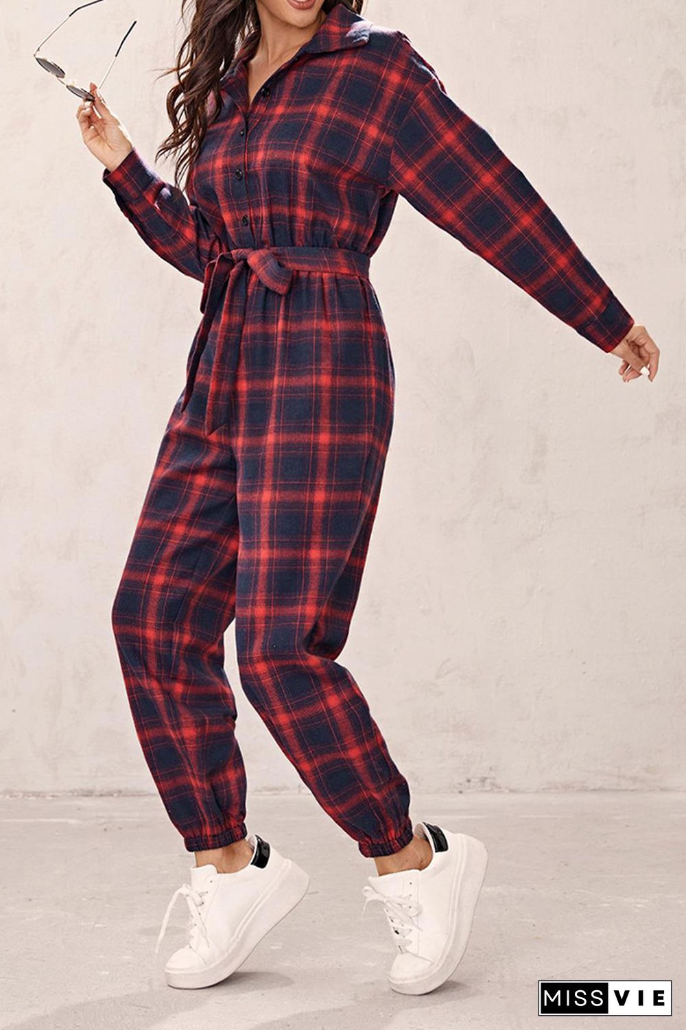 Plaid Print High Waist Long Sleeve Jumpsuit Wholesale