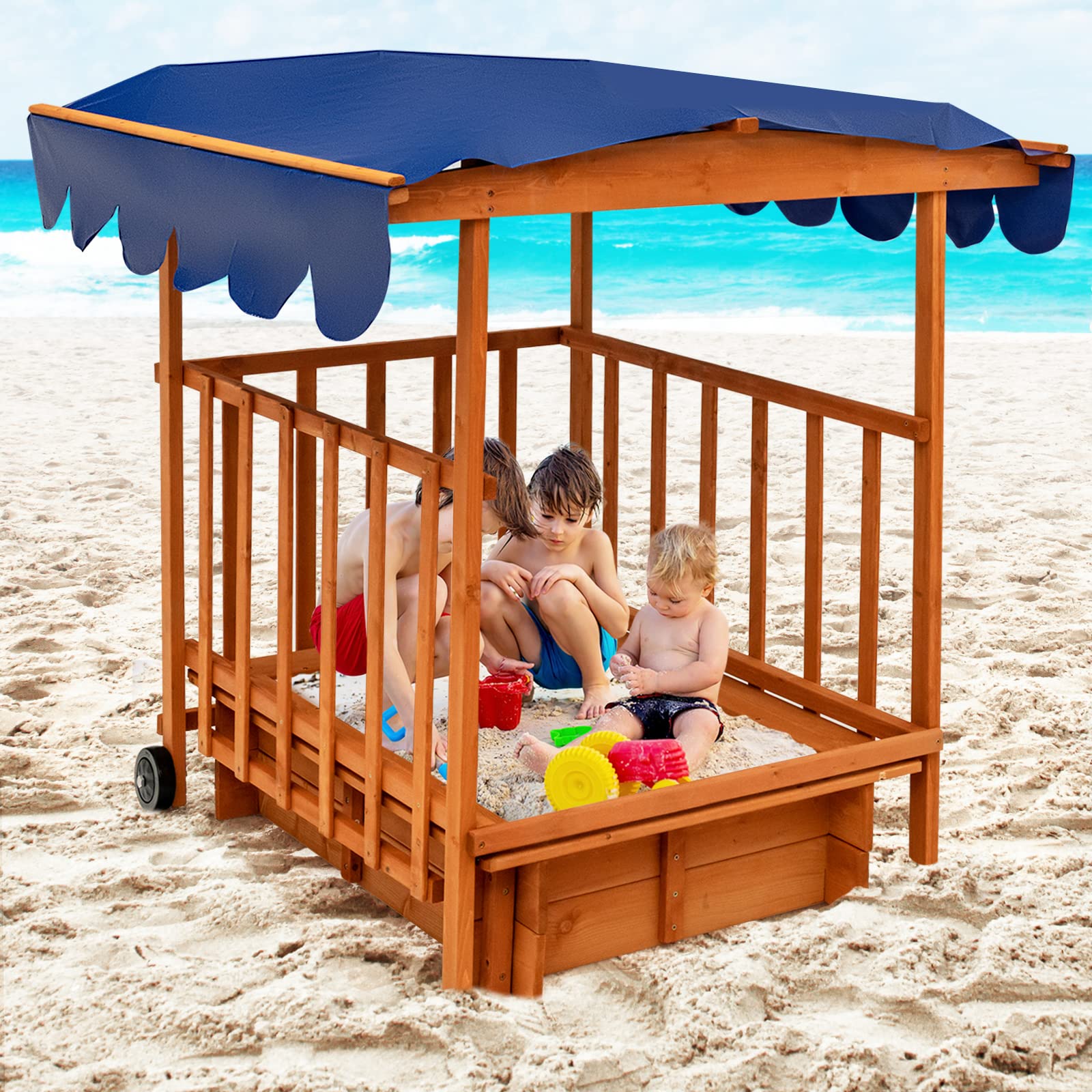 Costzon Kids Retractable Sandbox with Canopy, with Large Play Area, Rear Wheels, Guardrails, Children Outdoor Playset