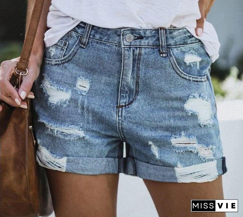 Znaiml New Summer Women High Waist Rippde Hole Button Straight Slim Jeans Shorts Casual Street Female Loose Fit Blue Denim Short