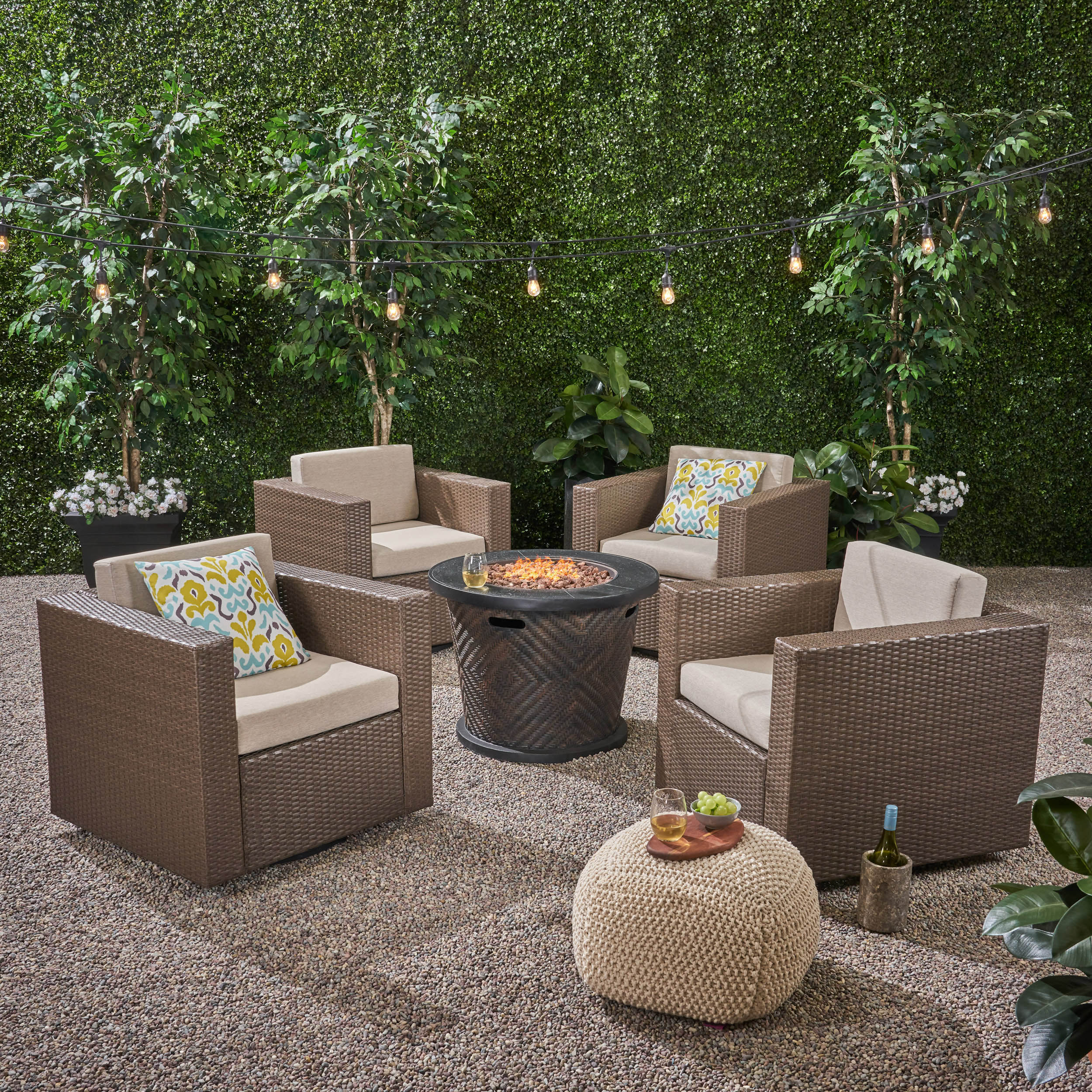 Liyam Outdoor 4 Piece Wicker Swivel Chair Set with Fire Pit, Brown and Brown