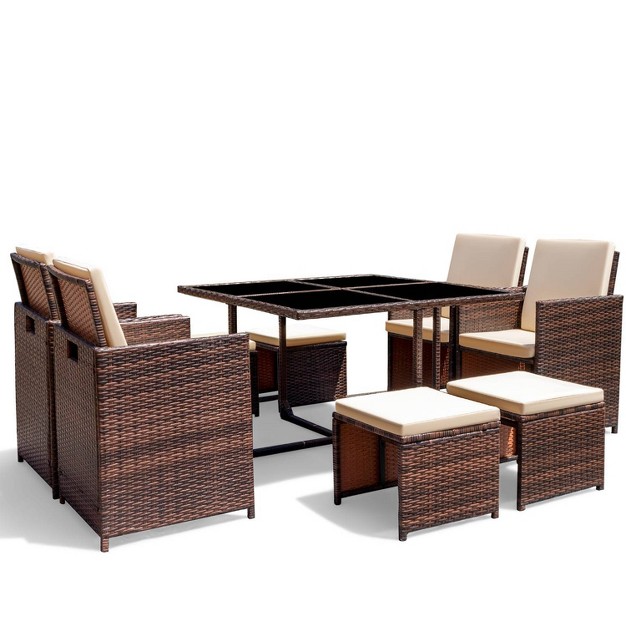 9pc Outdoor Conversation Set With Tempered Glass Table Cushioned Chairs amp Ottomans Devoko