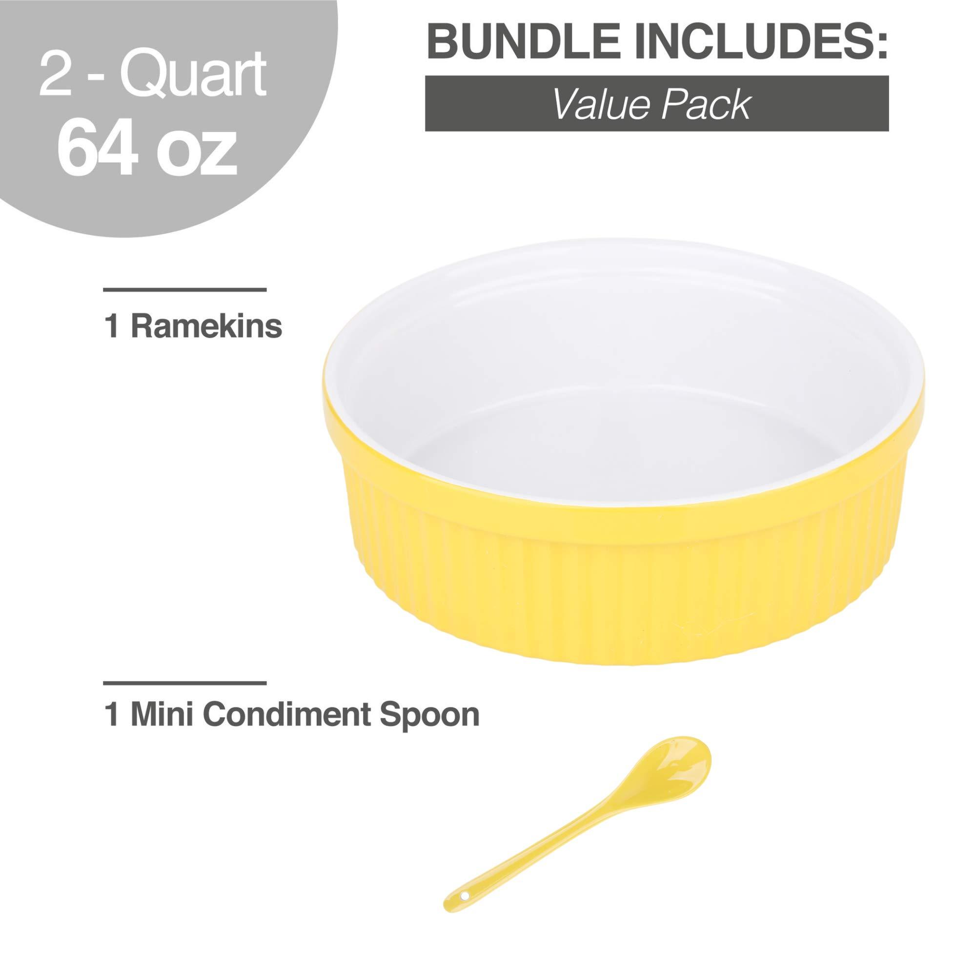 Souffle Dish Ramekins for Baking‚ 64 Oz， 2 Quart Large Ceramic Oven Safe Round Fluted Bowl with Mini Condiment Spoon for Souffle Pot Pie Casserole Pasta Roasted Vegetables Baked Dessert