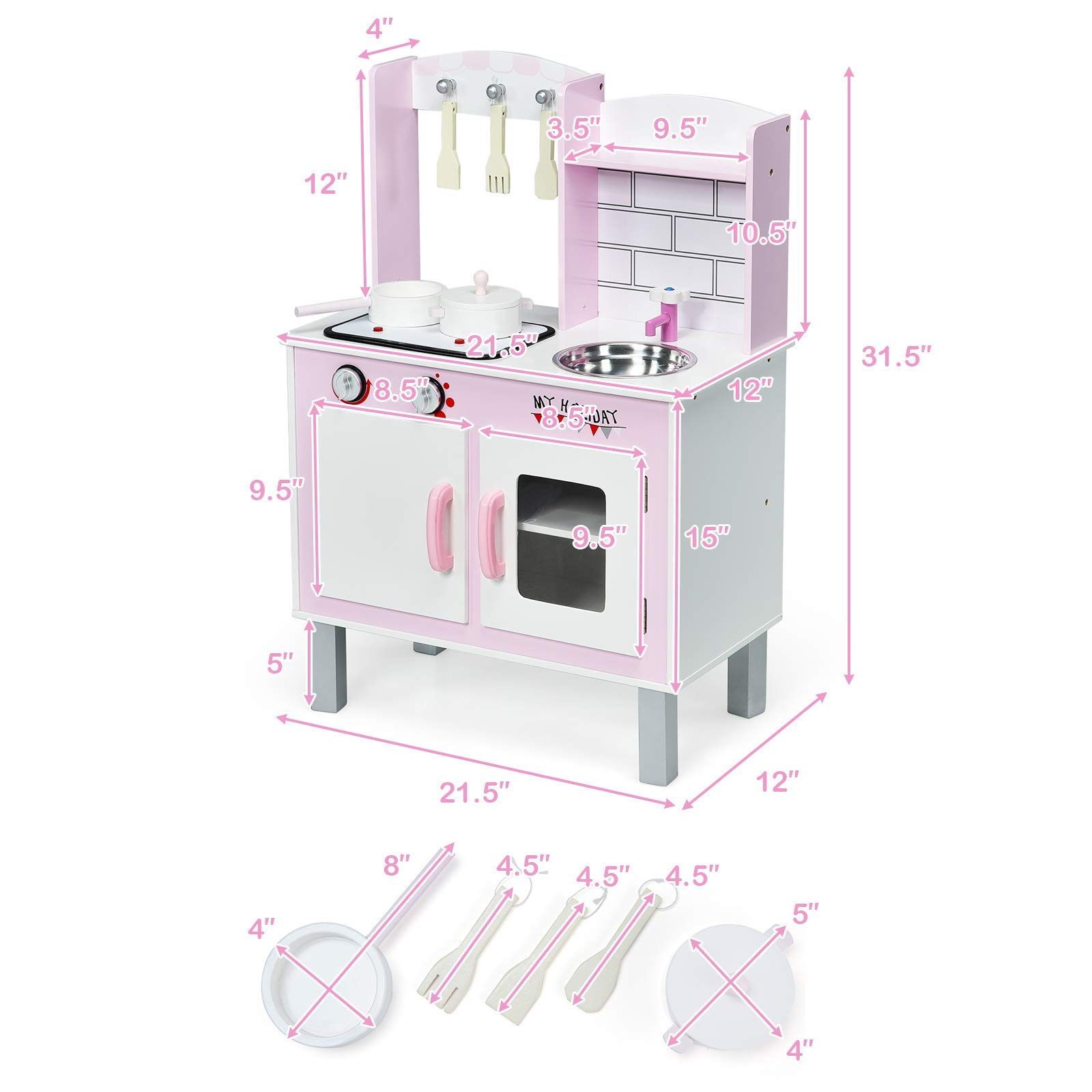 Costzon Kids Kitchen Playset, Wooden Pretend Play Cooking Set with Realistic Lights & Sounds (Pink)