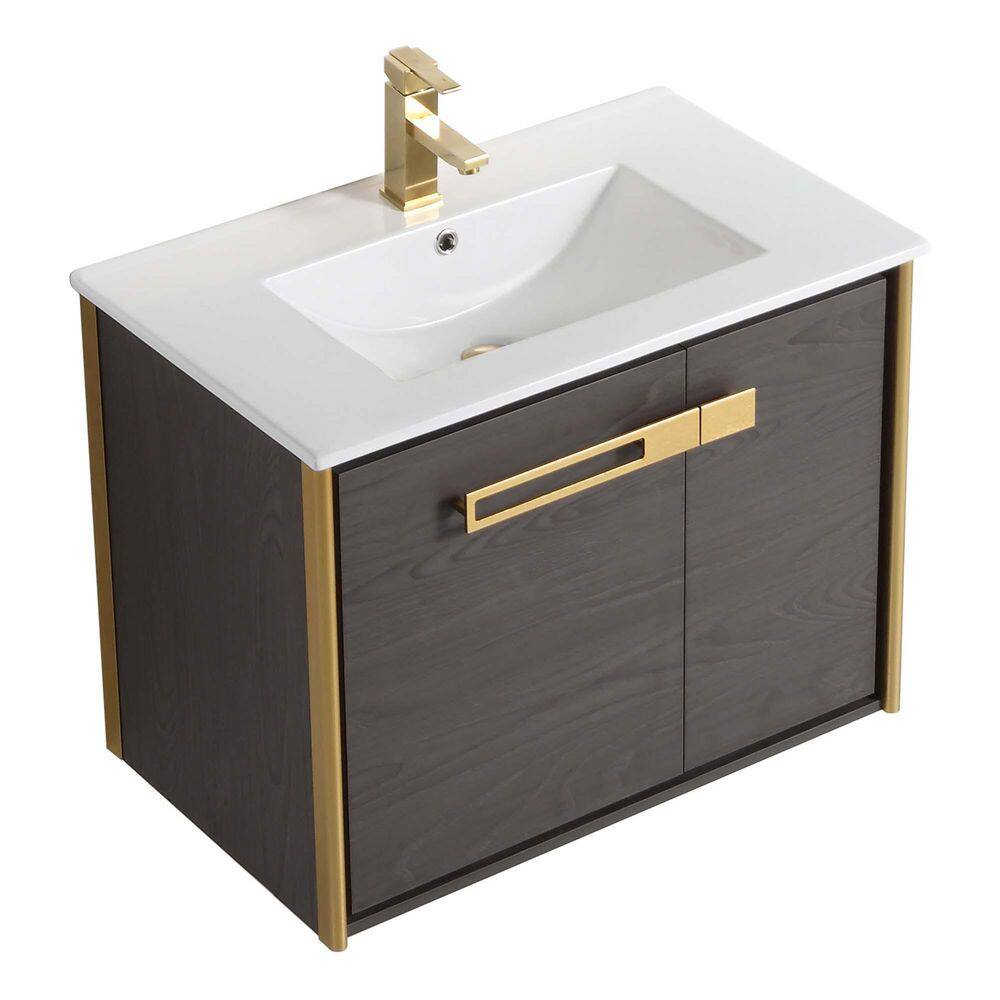 FINE FIXTURES Oakville 30 in. W x 18 in. D x 23.25 in. H Wall Mounted Bathroom Vanity in Black Coal Oak with White Ceramic Sink Top OK30BC-SB-WH