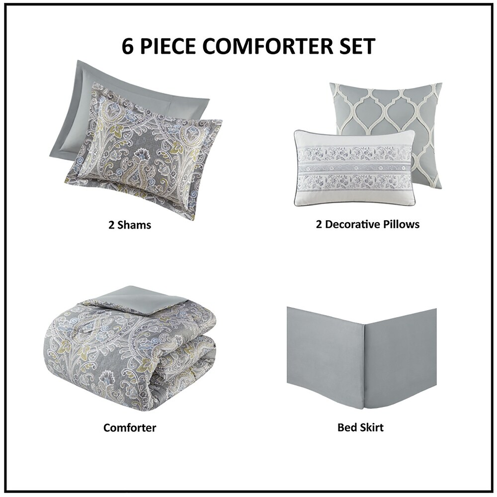 Harbor House Hallie 6 piece Grey Damask Pattern Cotton Comforter Set