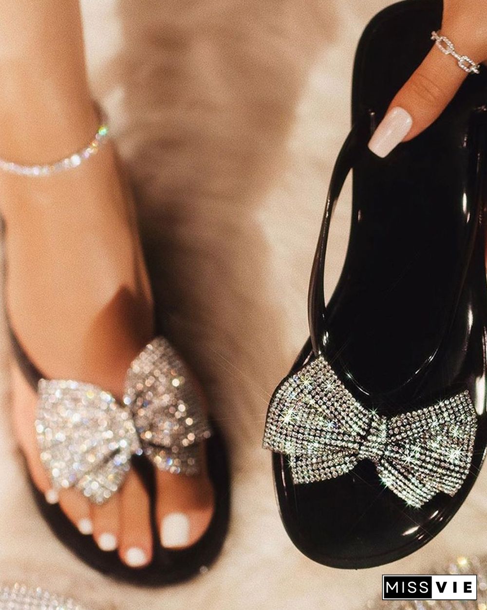 Studded Bowknot Design Open Toe Sandals