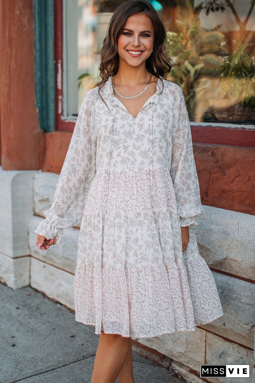 White Split Neck Floral Print Long Sleeve Swing Dress