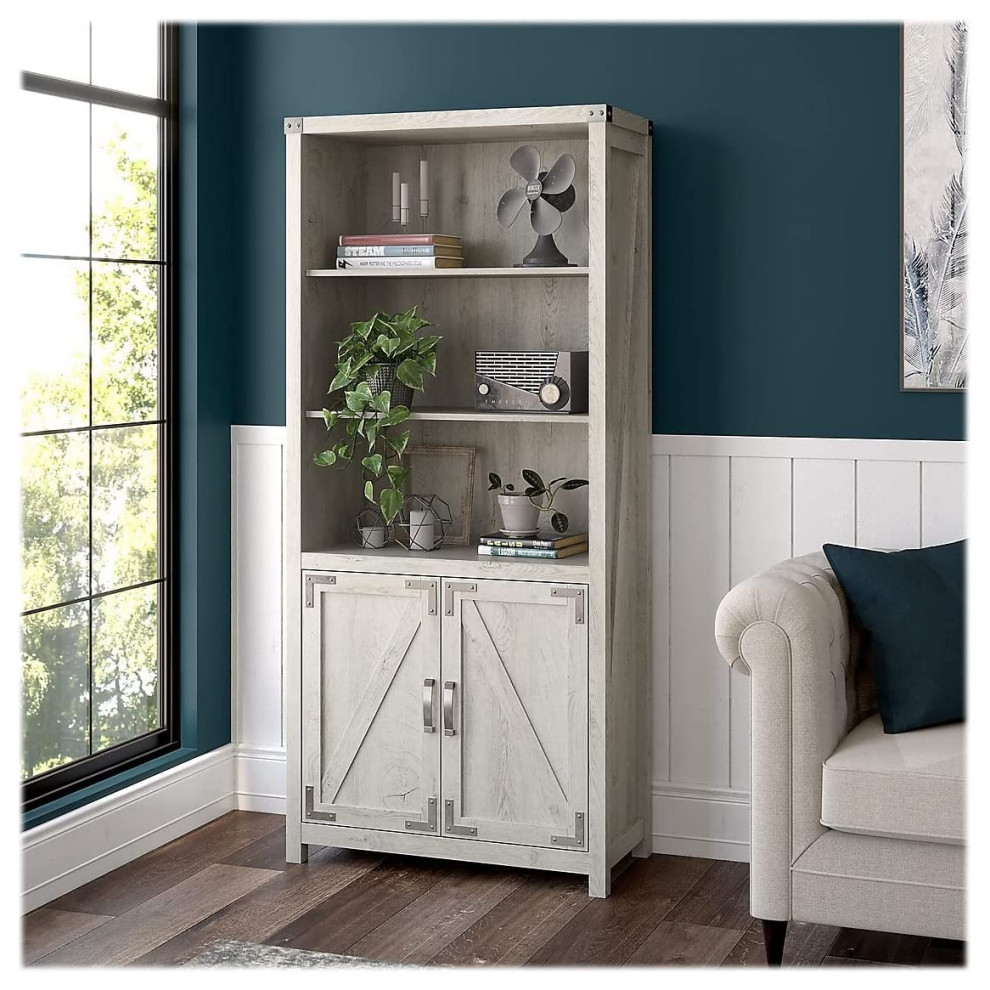 Tall Bookcase  5 Shelves and Metal Accents With Concealed Storage   Farmhouse   Bookcases   by Declusia  Houzz