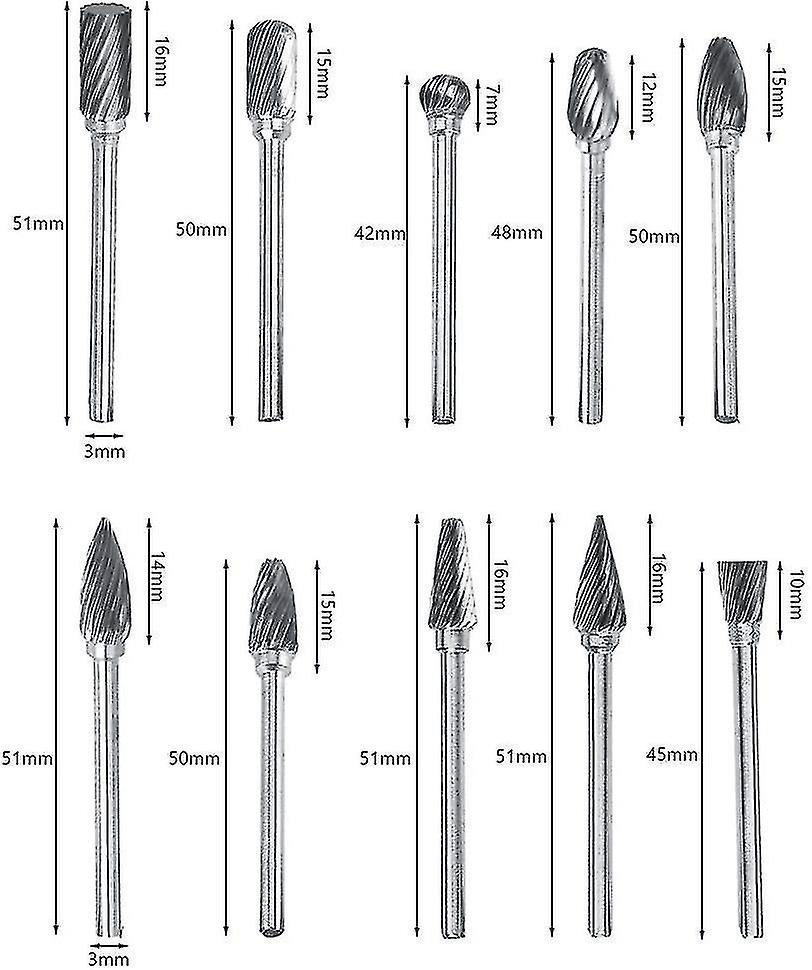 Carbide Burr Set Rotary Files Tungsten Steel 10pcs Diameter Cutter Head For 3mm Burr 6mm Shank The Carving Drill Metal Cutting Polishing Engraving Dri