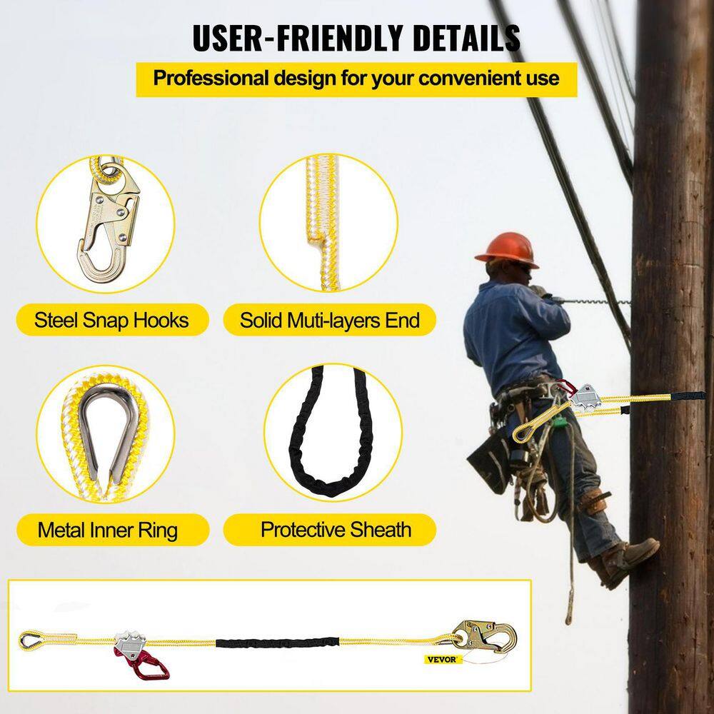 VEVOR Positioning Lanyard 12 in. x 8 ft. Adjustable Work Position Rope with Rope Grab Snap Hook D-Ring for Fall Protection YCYCKDJGS12X8O7ECV0