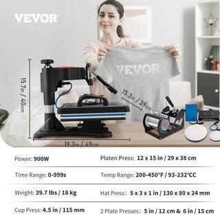 VEVOR Heat Press 5 in 1 Heat Press Machine  12x15 Clamshell Sublimation Transfer Printer 900W Vinyl Heat Press FTSDG1215110V8DYRV1