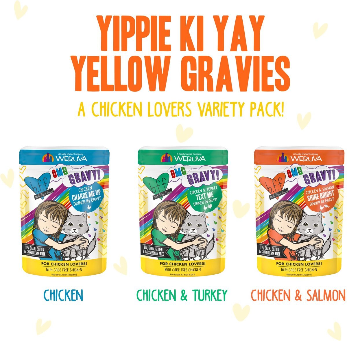 Weruva Best Feline Friend Oh My Gravy! Yippie Ki Yay Yellow Gravies! Variety Pack Grain-Free Wet Cat Food， 2.8-oz pouch， case of 12