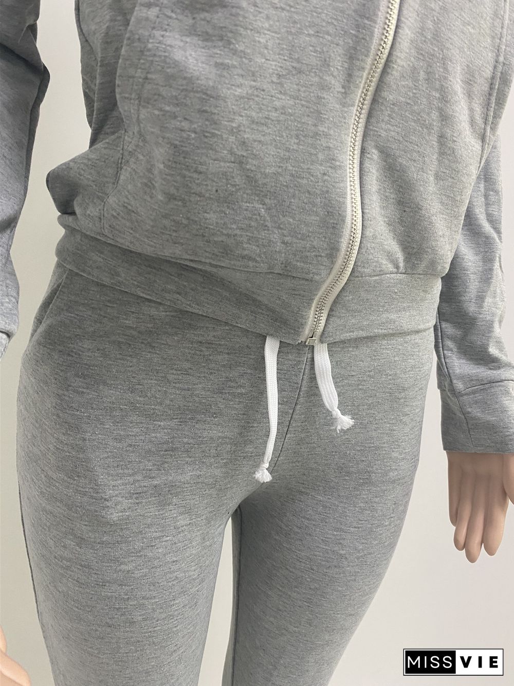 Solid Hooded Zip Sweatshirt Top Drawstring Pants Set