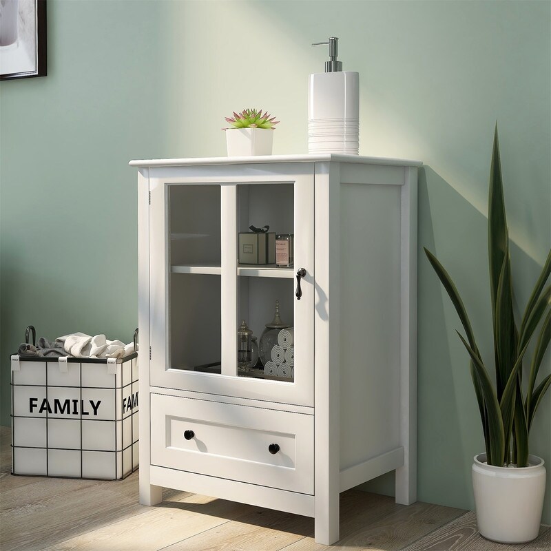 Buffet storage cabinet with glass doors and drawers White